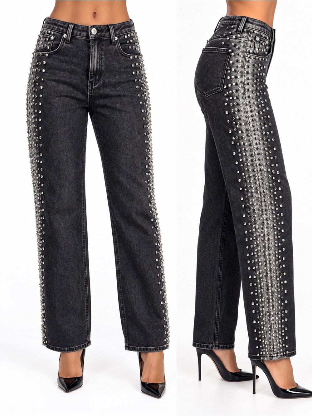 ALIRA Black Rhinestone Studded Straight Leg Jeans Statement Denim NWT